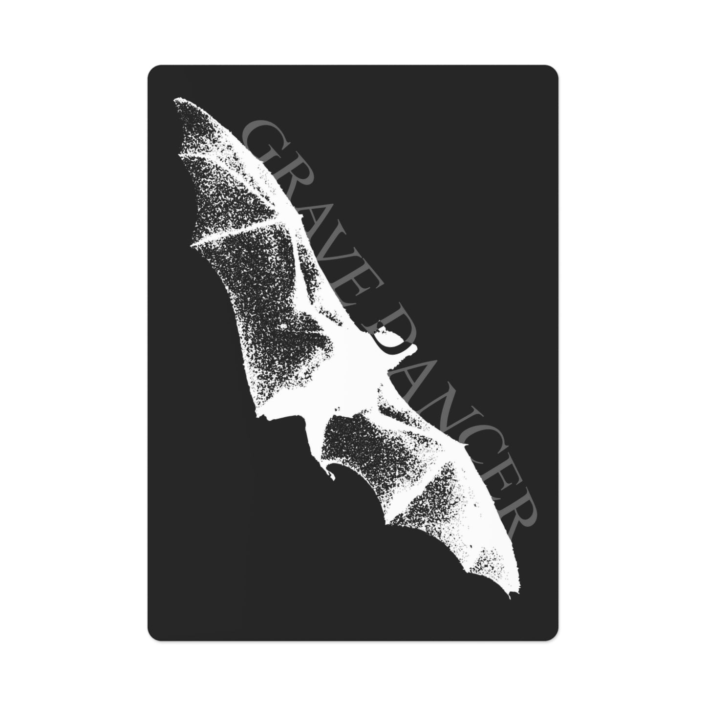 A black playing card features a white graphic of a bat wing and the text "GRAVE DANCER".