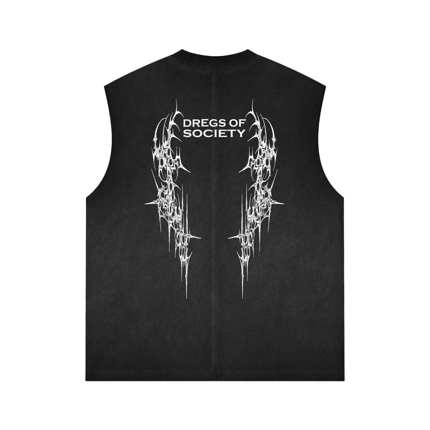 A black unisex tank top displays a white graphic featuring the text "DREGS OF SOCIETY".