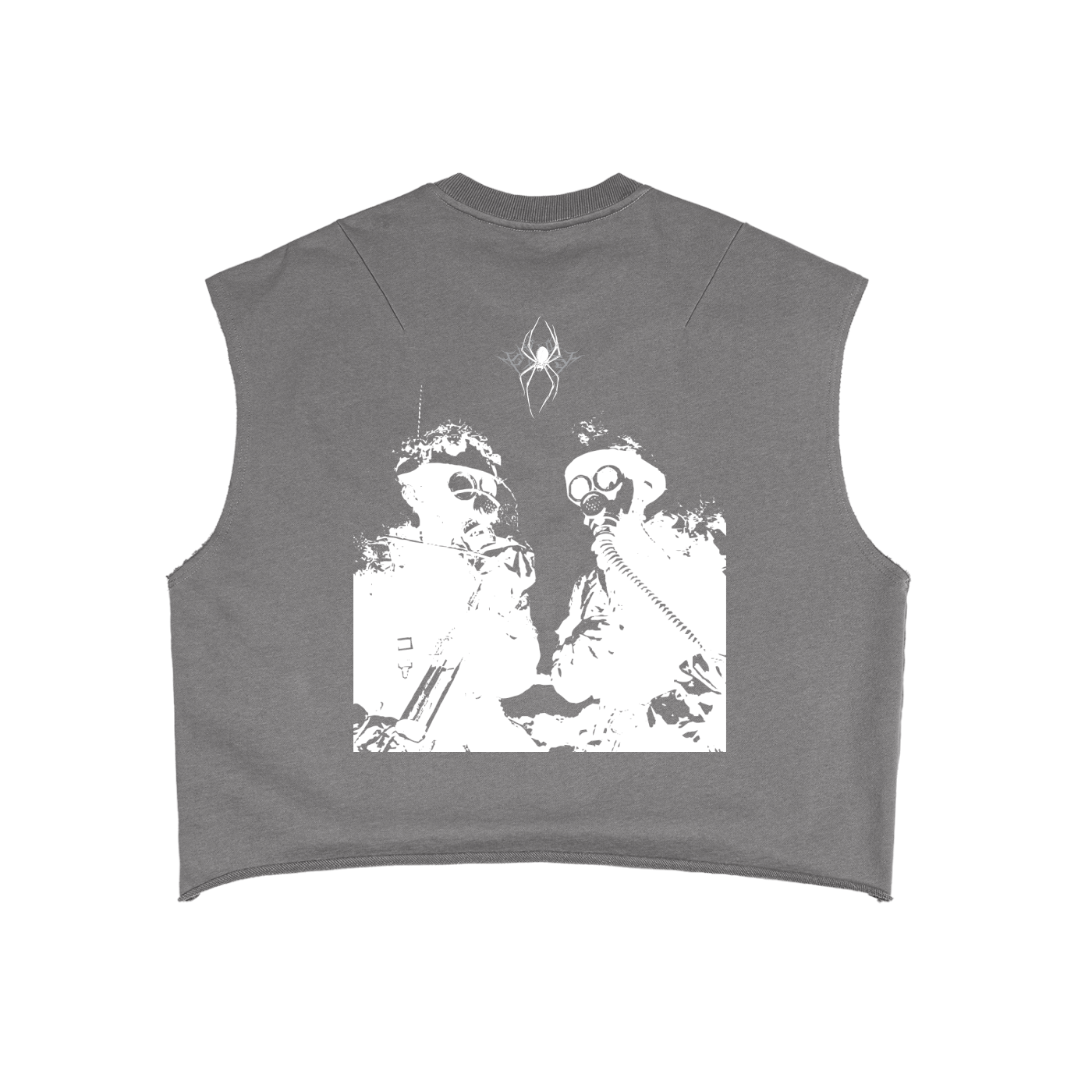 A washed grey unisex sleeveless top displays a white graphic on the back featuring two figures in gas masks and tactical gear, with a spider graphic above them.