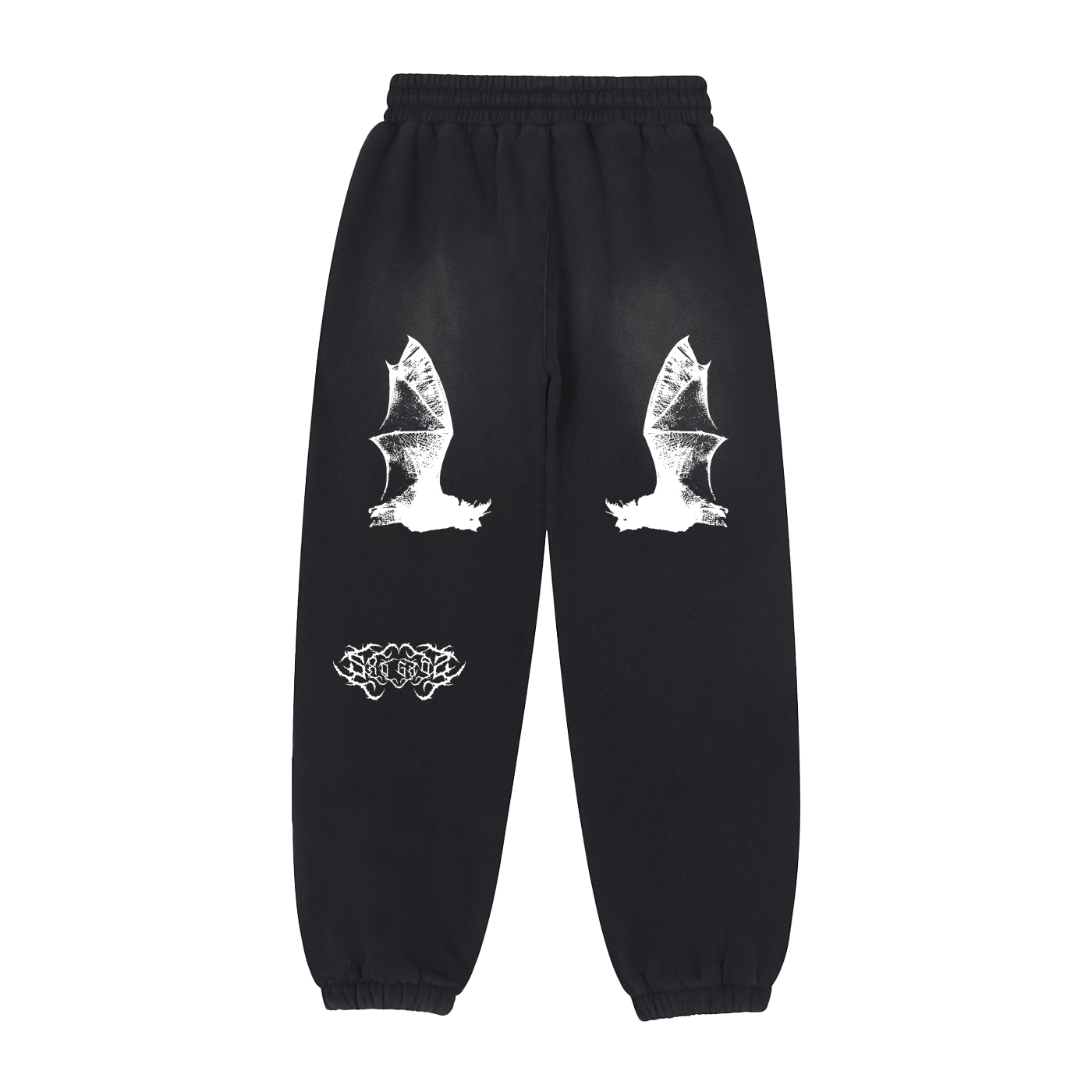 Washed black unisex sweatpants feature two white bat wing graphics and the text "GRAVE DANCER" on the back. They have an elasticated waistband with drawstrings and elasticated cuffs.