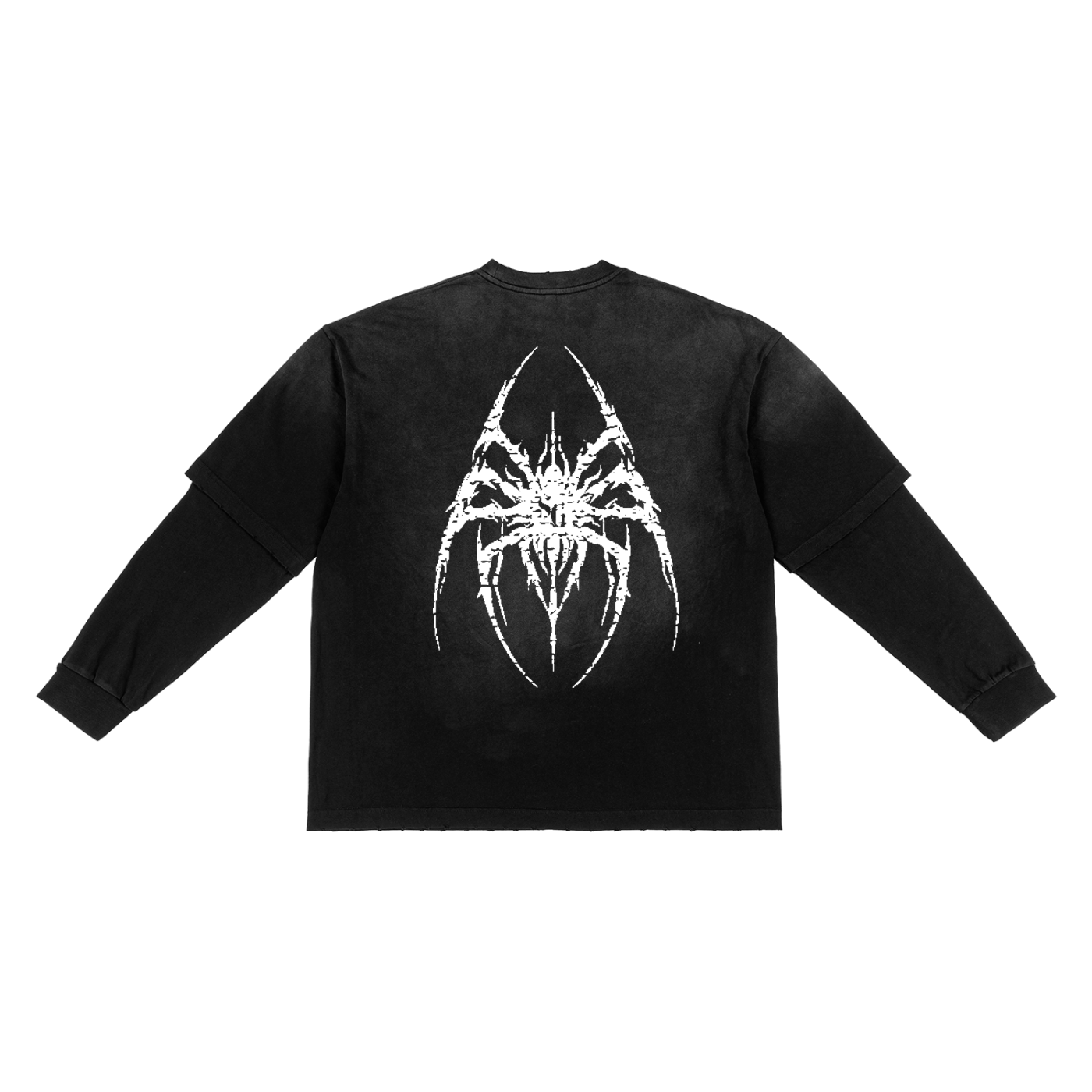 A washed black unisex long-sleeve shirt with a layered effect displays a large white, abstract spider graphic on the back.