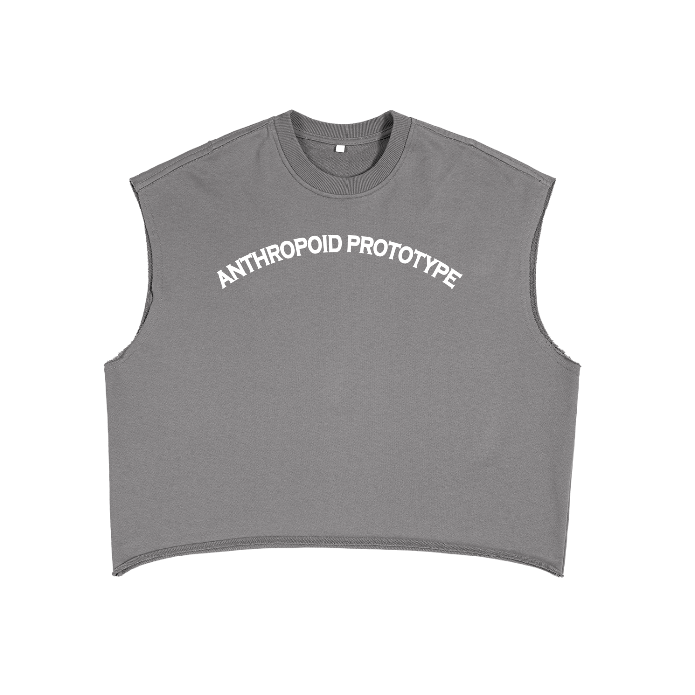 A grey unisex sleeveless tank top displays the white text "ANTHROPOID PROTOTYPE" printed across the chest. It has a round neck.