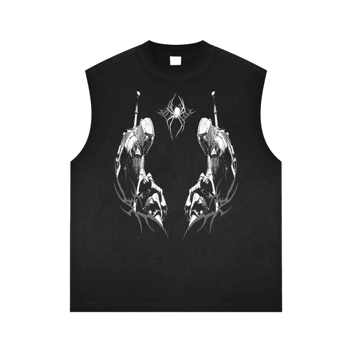 A black unisex tank top displays a white graphic featuring two figures in gas masks flanking a spider-like design at the top.