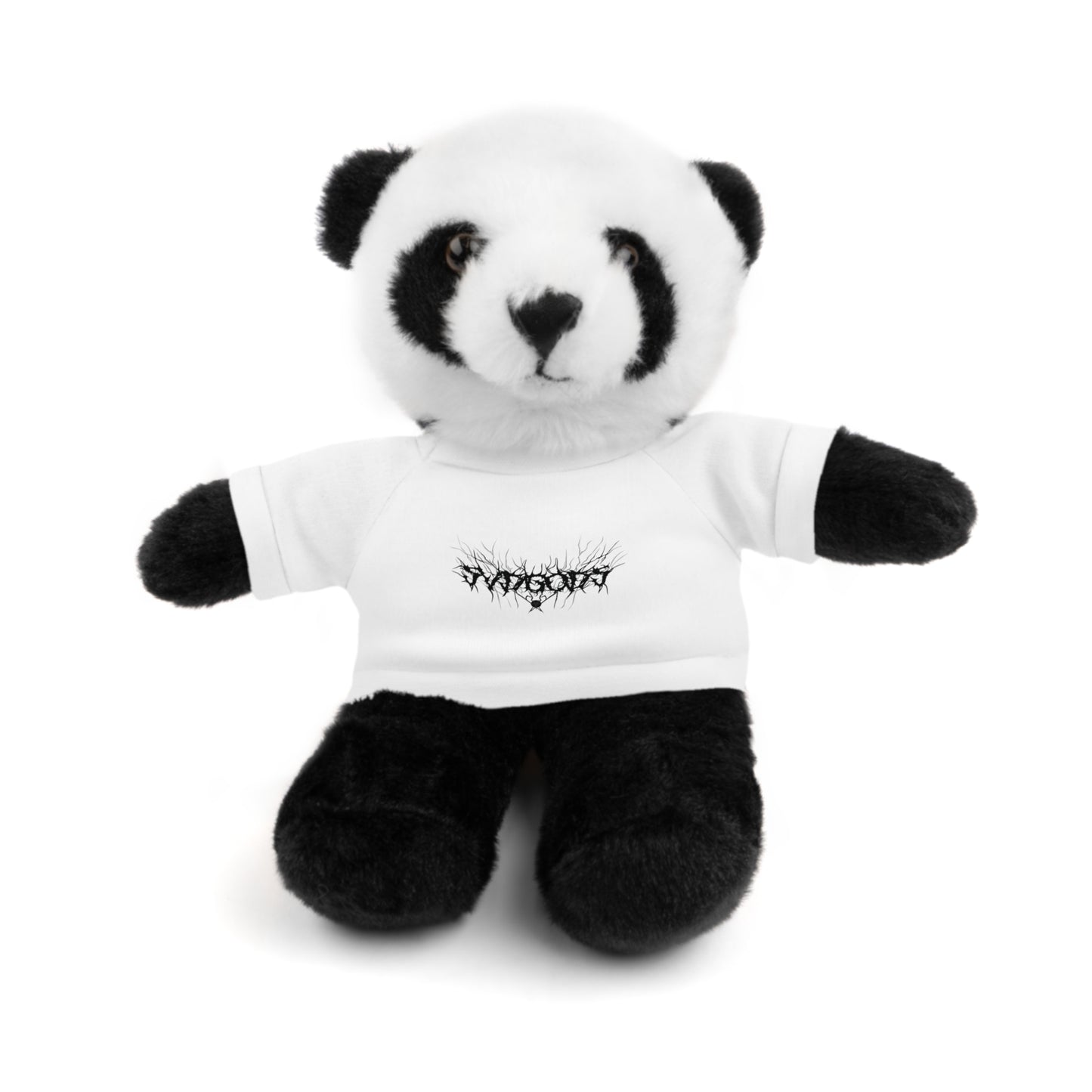 A cute black and white stuffed panda bear sits upright, wearing a small white t-shirt with the black SXDGXDS logo printed on the chest.
