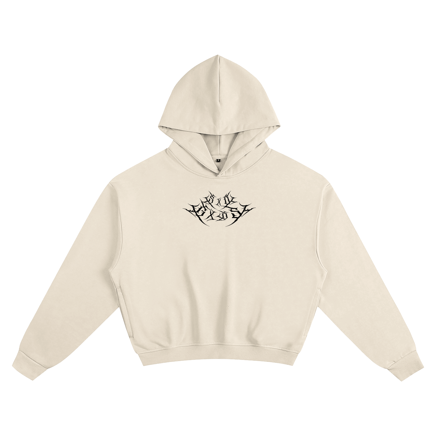 A beige Hoodie with a black metal logo in the middle spelling "SXDGXDS"