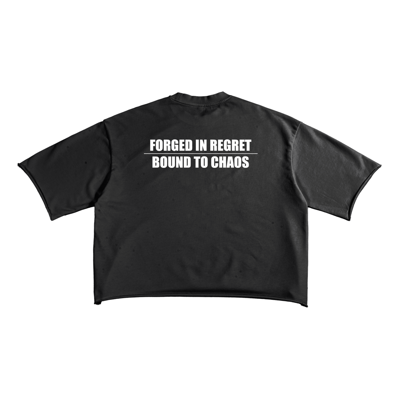 Back view of black SXDGXDS t-shirt with bold white text: “Forged in Regret / Bound to Chaos.”