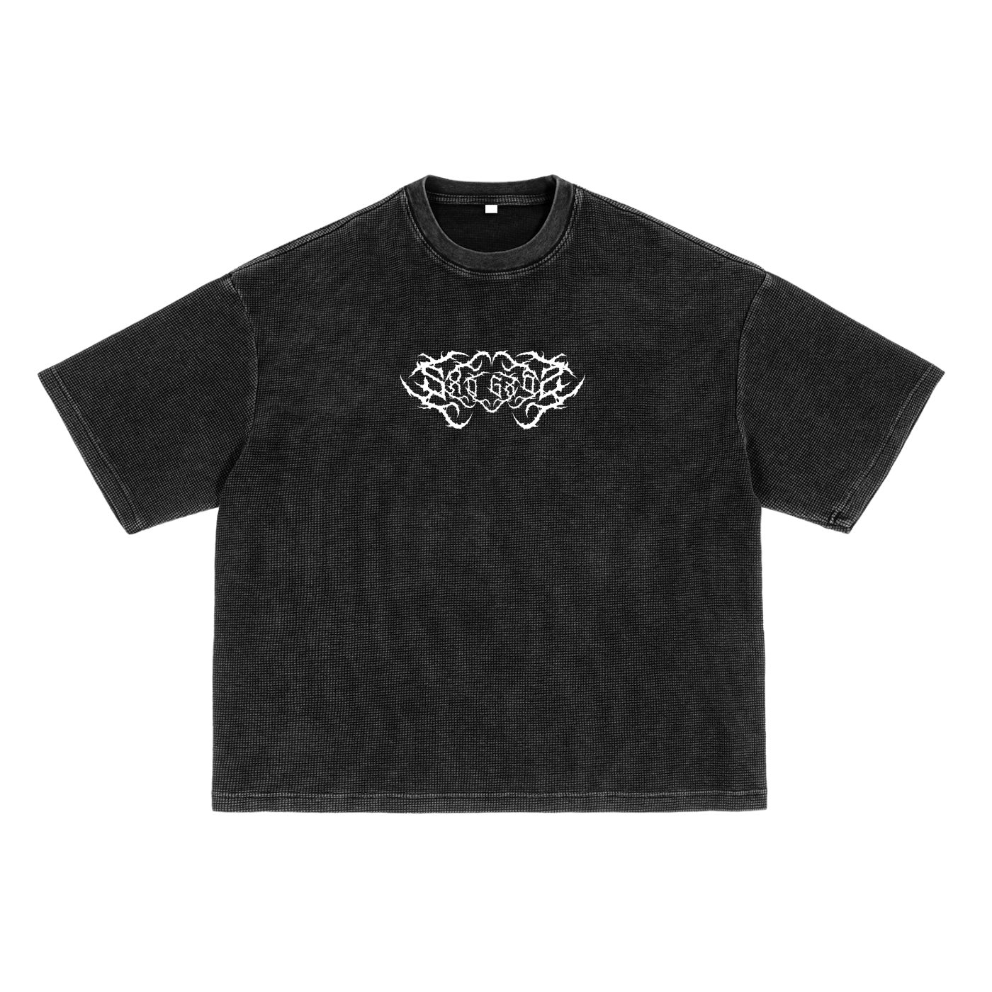 A washed black unisex t-shirt with a waffle texture features a white abstract graphic on the center of the chest. It has short sleeves and a round neck.