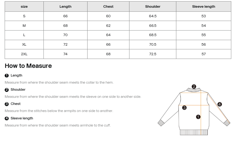 Measurement chart for a sweater with size dimensions and a diagram of how to measure.