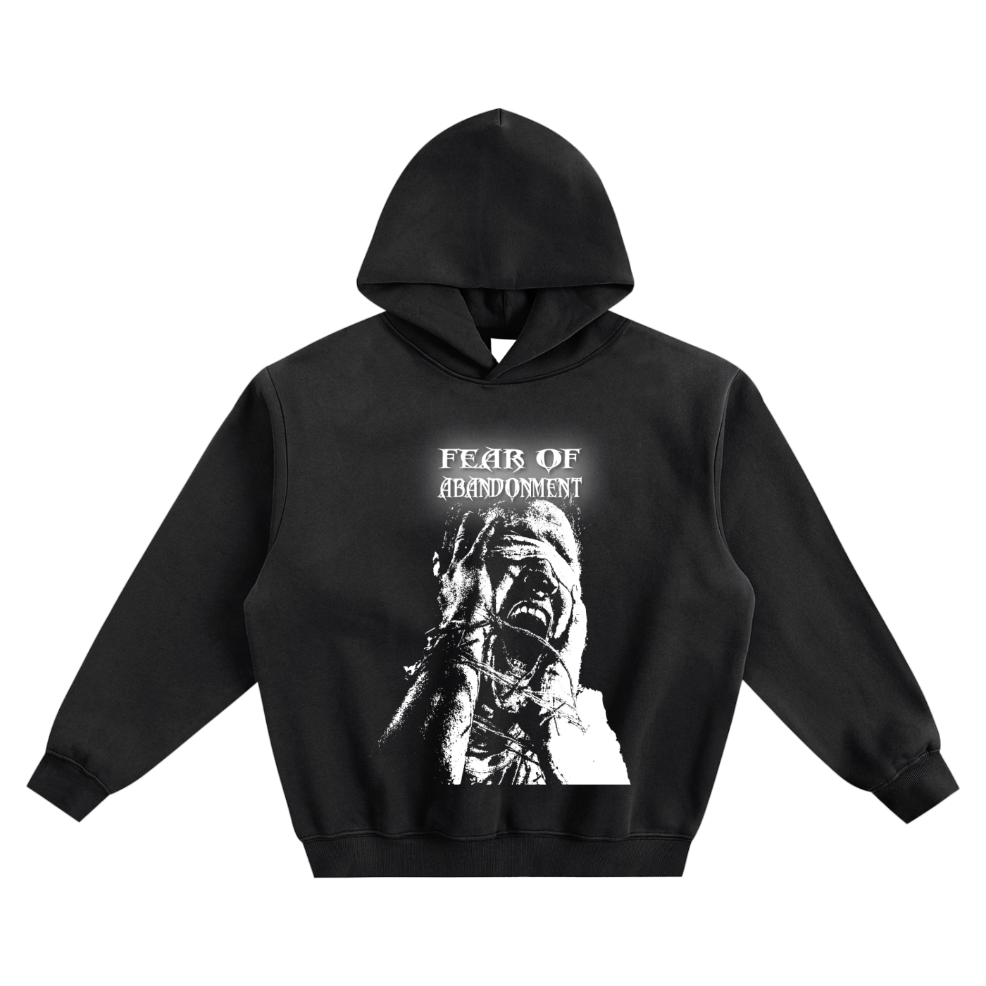 Black hoodie, vintage wash, with "FEAR OF ABANDONMENT" text in distressed font above a monochrome graphic of a distressed person with hands over their face, fingers appearing bound