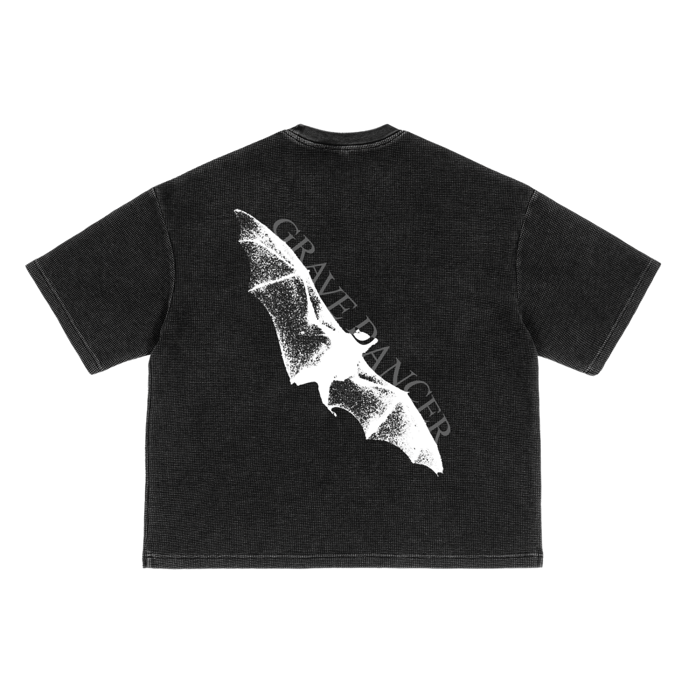 A washed black unisex t-shirt with a waffle texture features a white graphic of a bat and the text "GRAVE DANCER" on the back.
