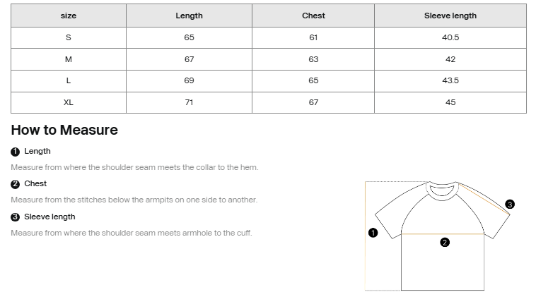 Size chart for a shirt with measurements in length, chest, and sleeve length.