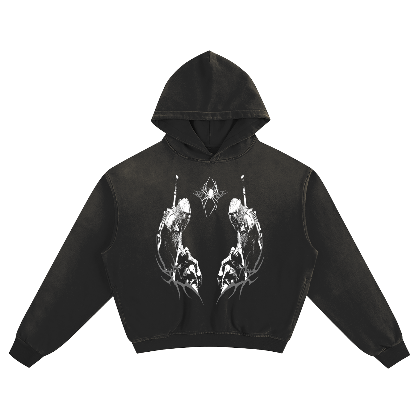 A black hoodie with a distressed vintage wash, featuring a graphic design of two kneeling figures with a spider symbol between them.