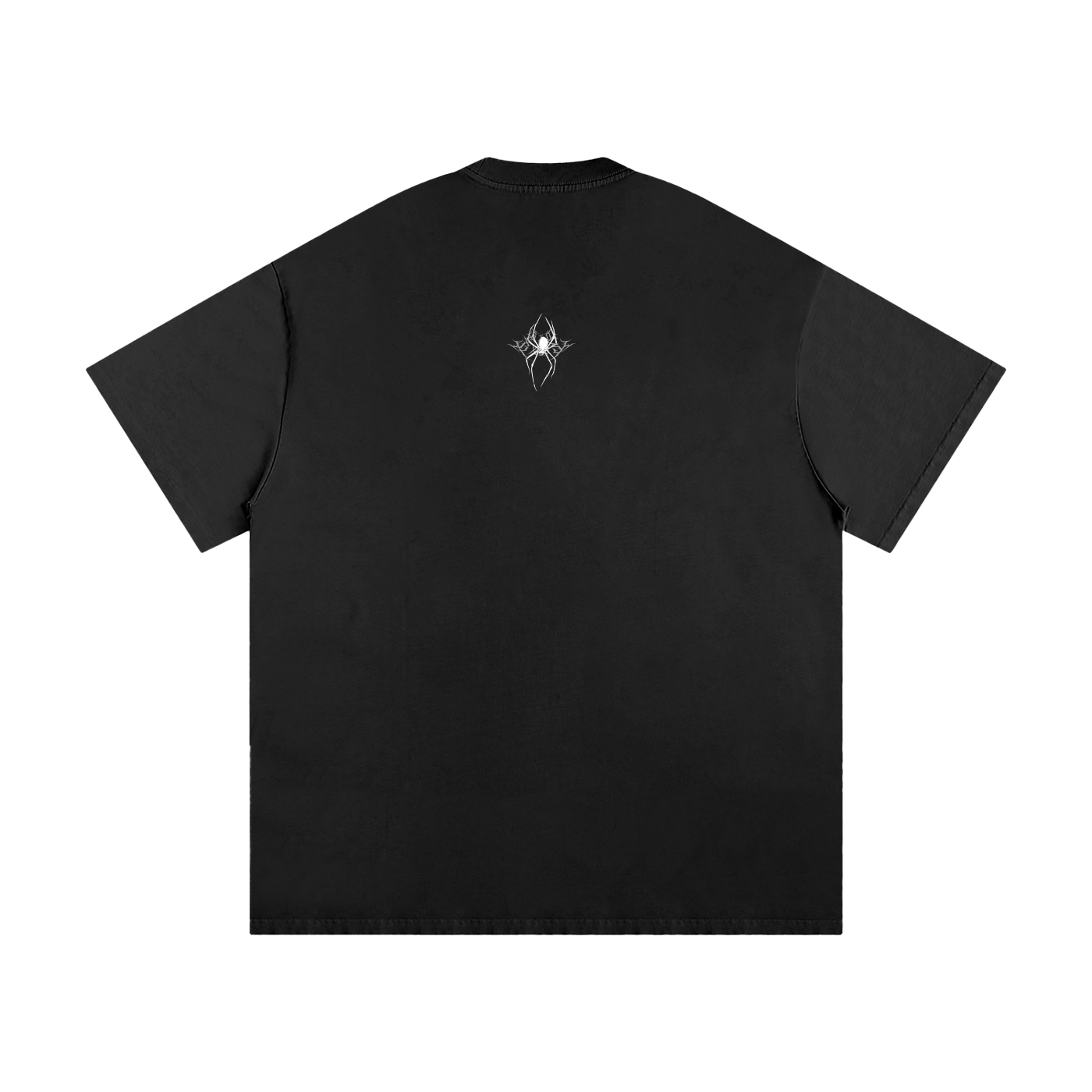 Back view of a black T-Shirt, featuring a small white spider graphic positioned above a stylized metal logo that reads "SXDGXDS" at the upper back.