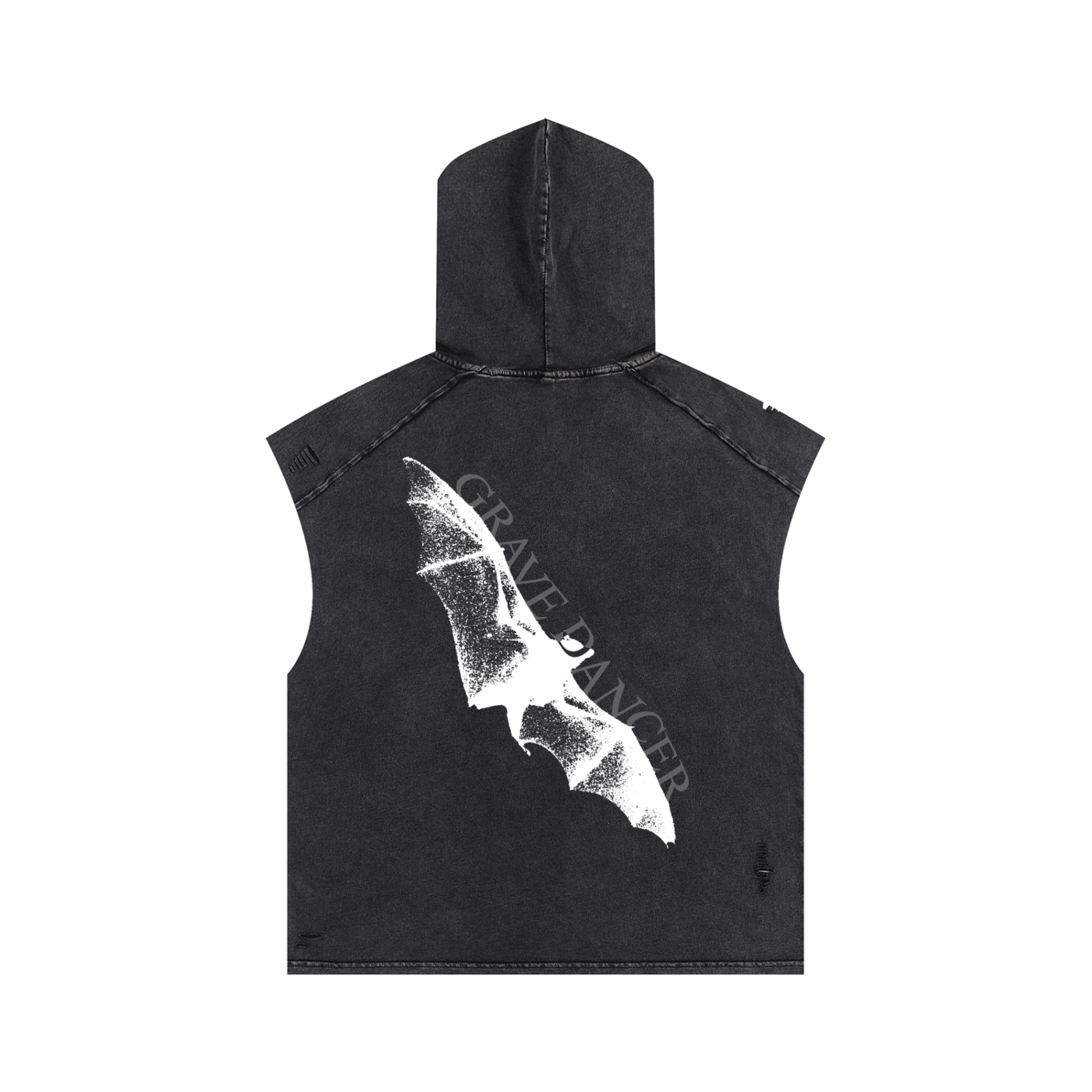 A washed black unisex hooded tank top features a white graphic of a bat wing and the text "GRAVE DANCER" on the back.