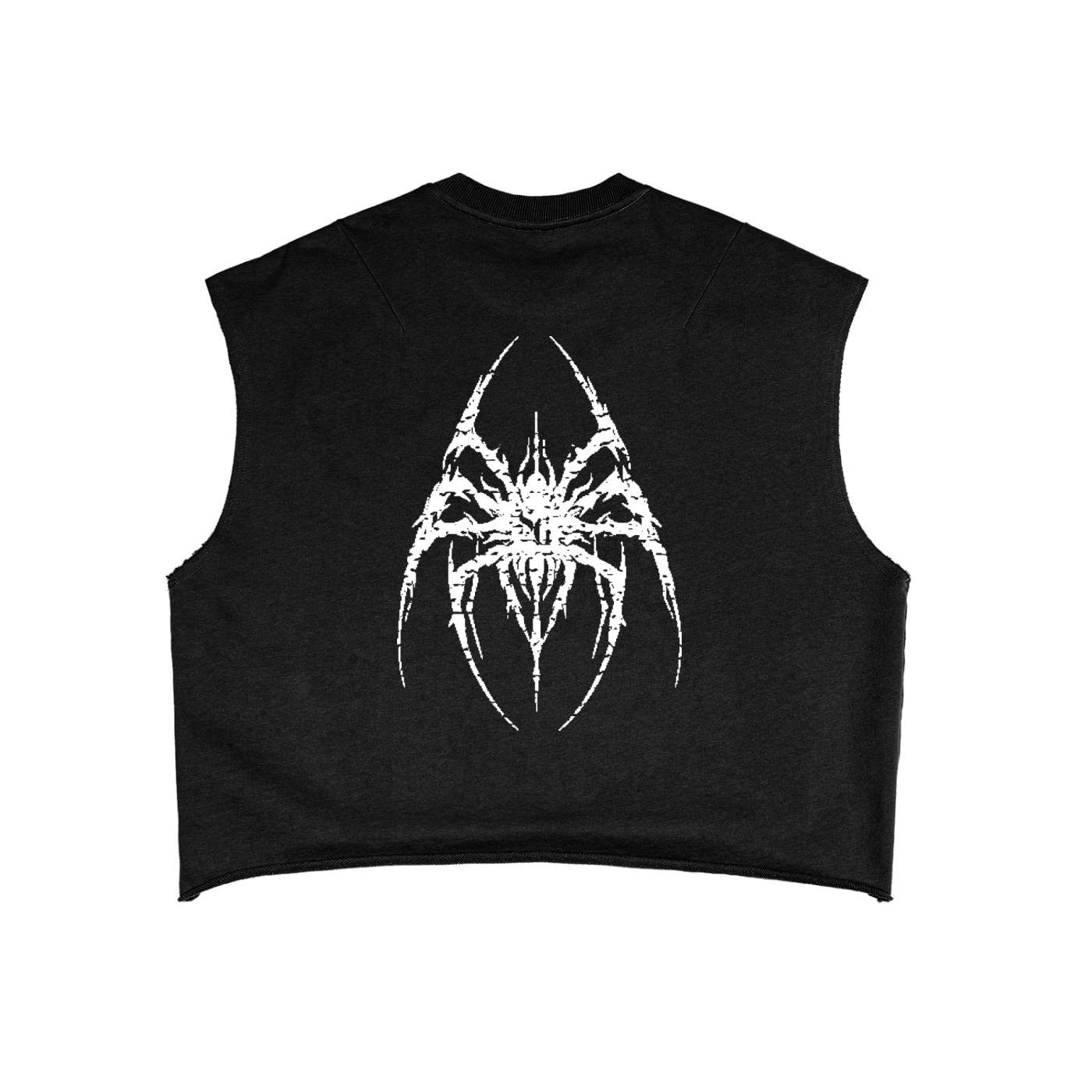 A black unisex tank top displays a white, digitally glitched graphic of a spider on the back.