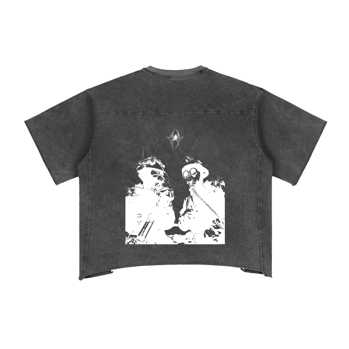 A washed black unisex t-shirt displays a white graphic on the back featuring two figures in gas masks and tactical gear, with a spider graphic above them.