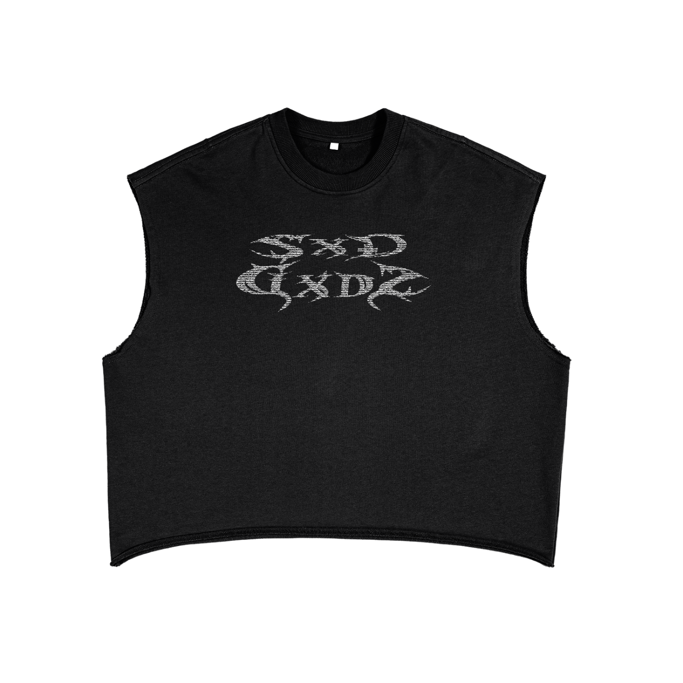 A black, cropped unisex tank top features a stylized, shimmering white graphic on the chest that reads "SXD GXDS" in a gothic-inspired font.