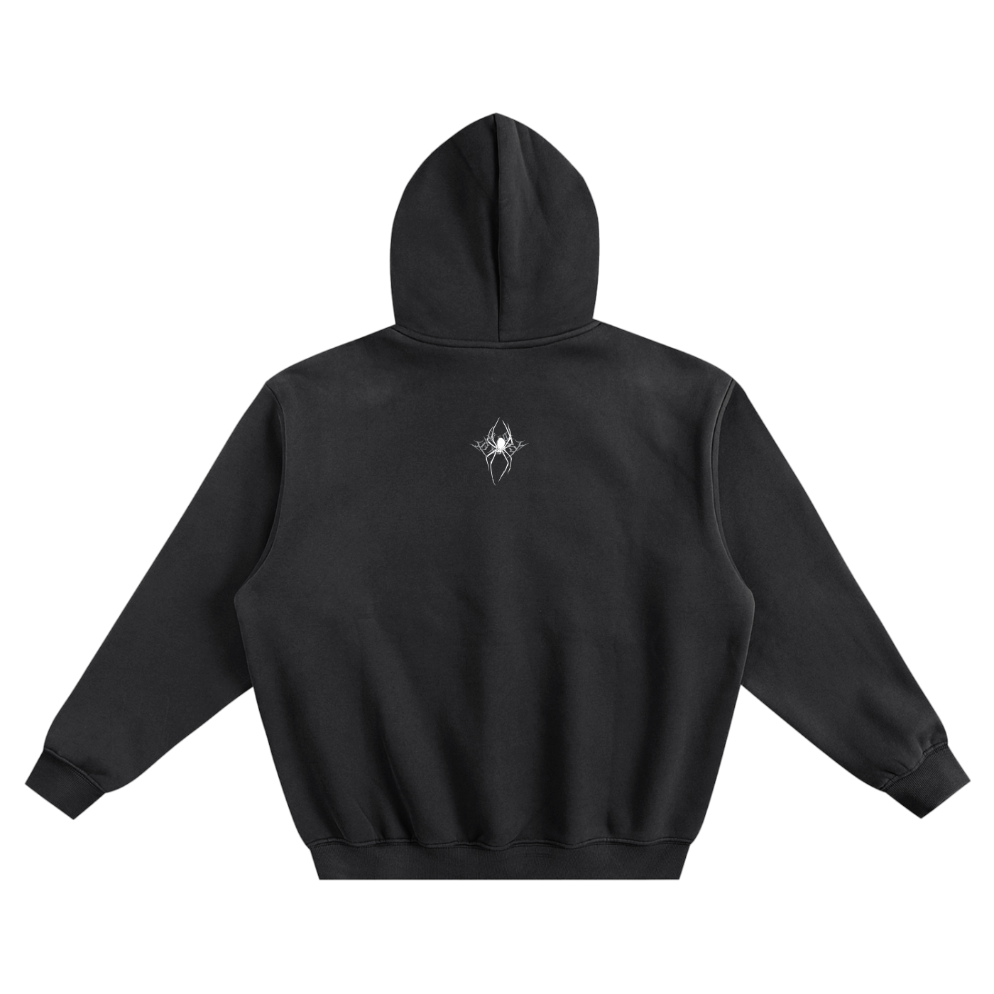 Back view of a black hoodie, featuring a small white spider graphic positioned above a stylized metal logo that reads "SXDGXDS" at the upper back.