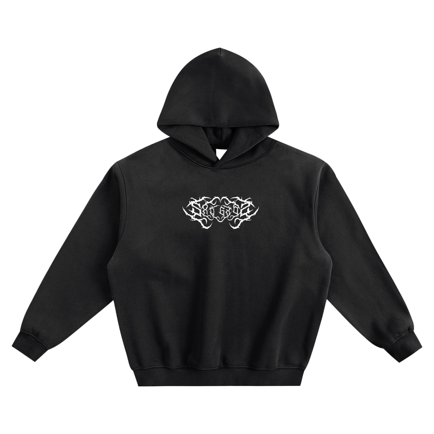 A black unisex hooded sweatshirt displays a white abstract graphic on the chest.