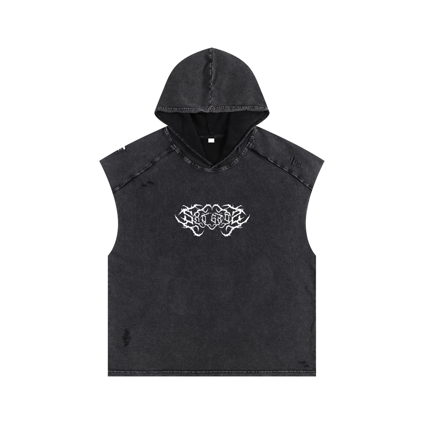 A washed black unisex hooded tank top displays a white abstract graphic on the chest.