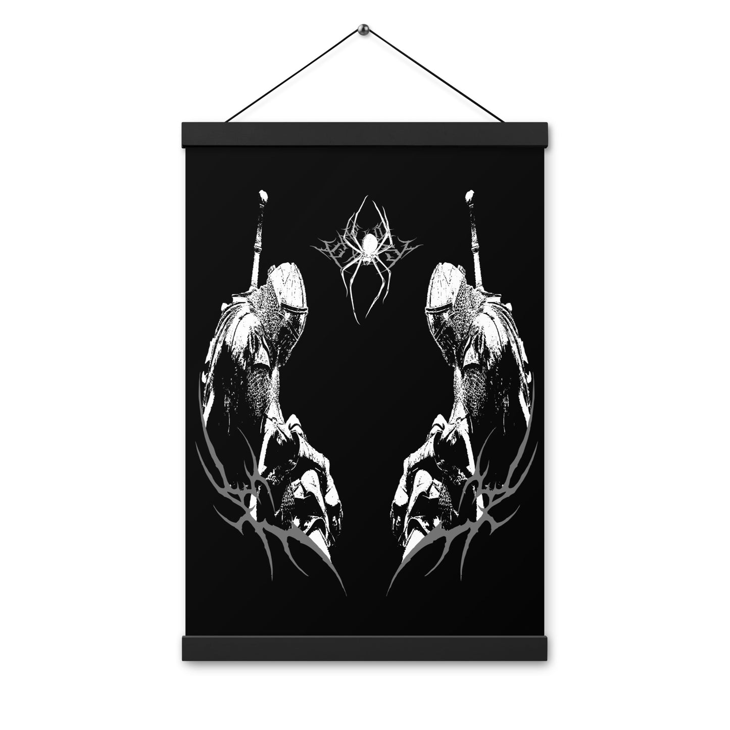 A black matte poster hangs from a natural wood hanger. The poster features a white graphic of two figures in gas masks flanking a spider-like design at the top.