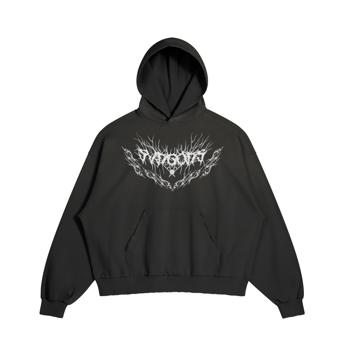 SXDGXDS Widow Hoodie: A black hoodie with a large, stylized spider design printed on the back and the word "WIDOW" in a gothic font on the front. Features drop shoulders, a washed effect, a ripped pocket, and a boxy fit. Made of 100% cotton 32 count plain weave, pre-shrunk, and reactive-dyed for long-lasting color. Features side-seamed construction, binding taped neck and shoulders, and double-stitched ribbed cuffs and hem. Fabric weight: 380g/m².