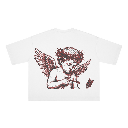 White t-shirt with red angel graphic on a white background