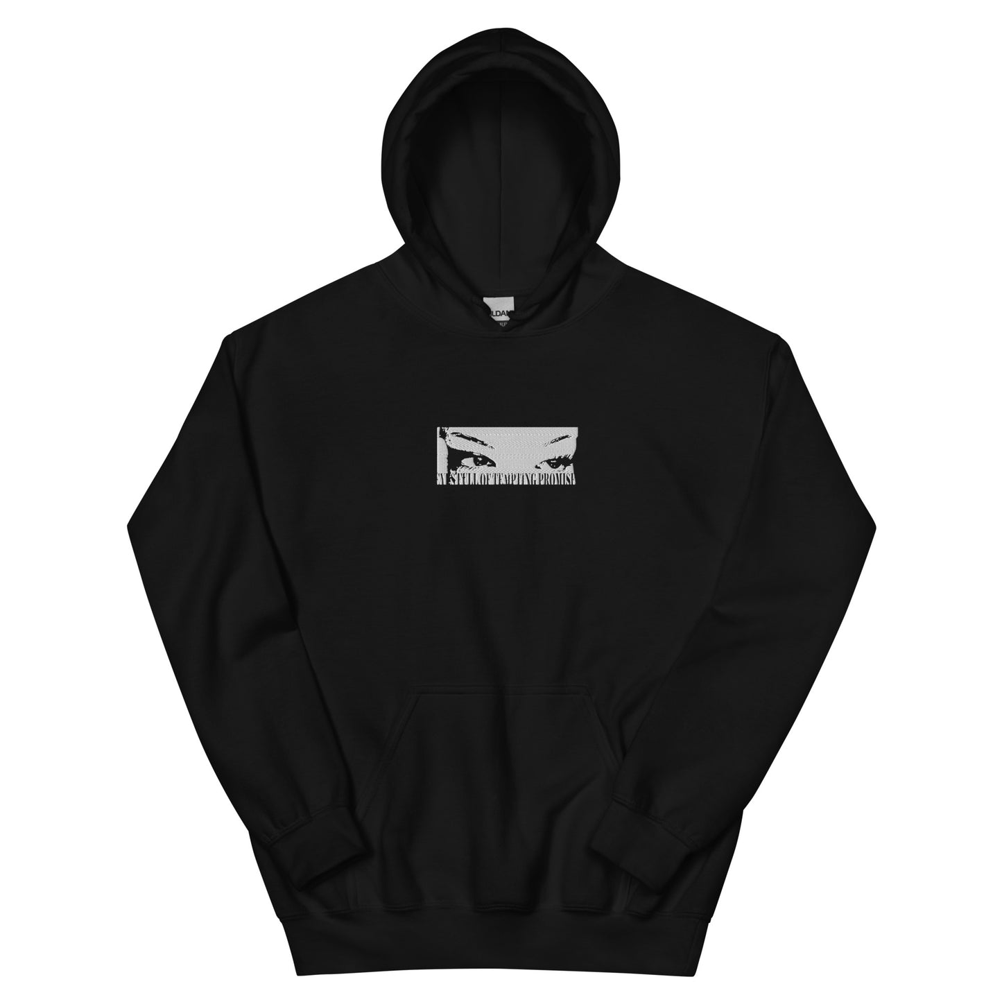 Black hoodie with “Eyes full of tempting promises” stitched text under a graphic of eyes