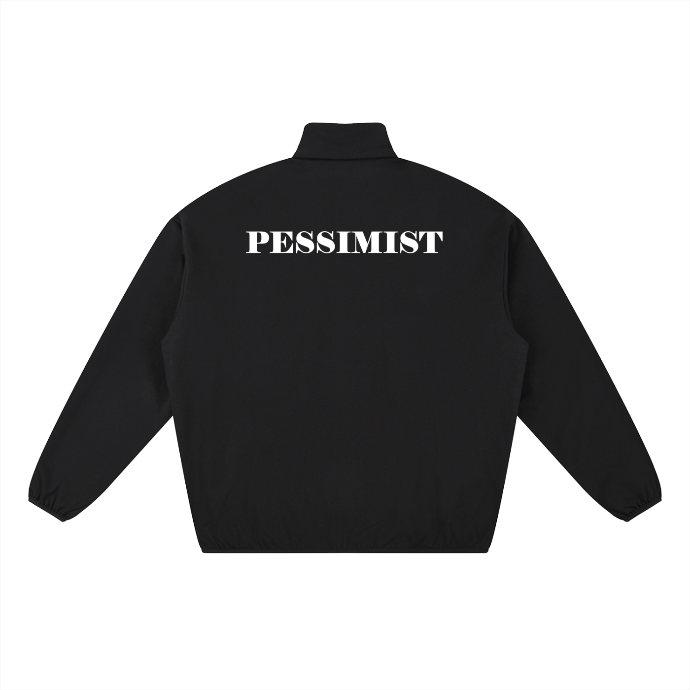 Black jacket with 'PESSIMIST' text on the back against a white background