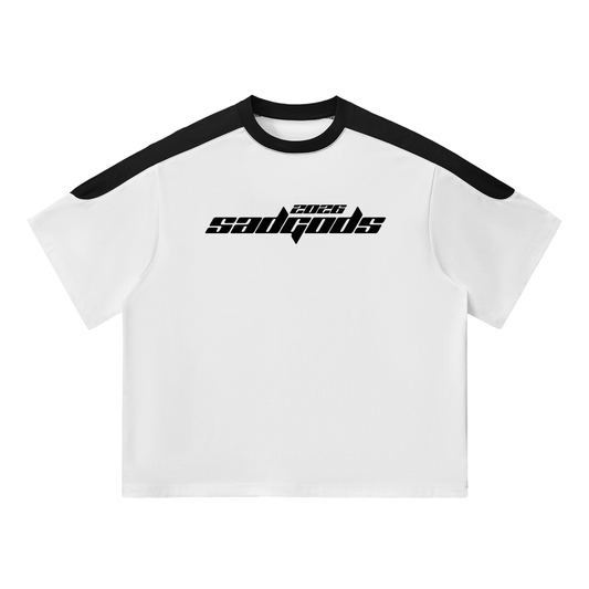 White t-shirt with black sleeves and 'sadgoods' logo on a white background