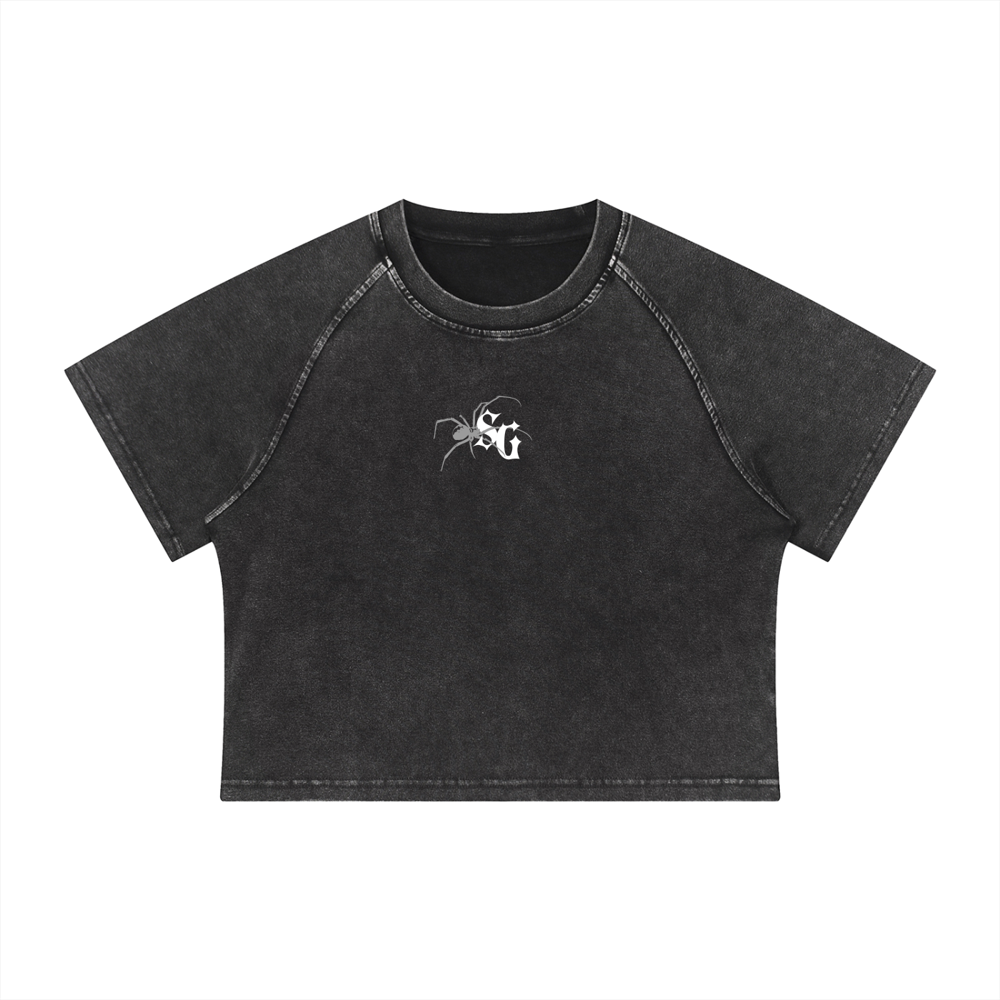 Black crop top with a logo on a white background