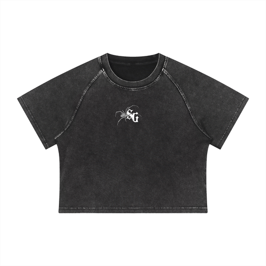 Black crop top with a logo on a white background