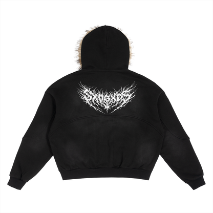 Back view of black SXDGXDS zip hoodie with large white spiked logo across the upper back.
