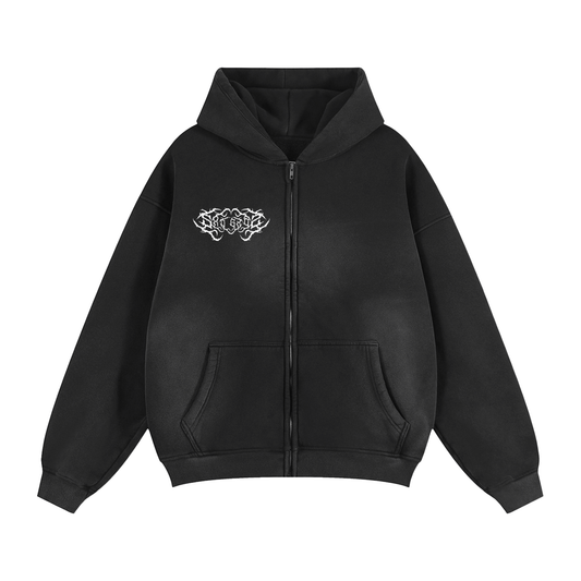A washed black unisex zipper hoodie displays a white abstract graphic on the chest.