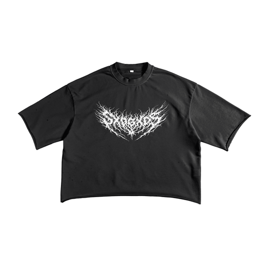 Flat lay of black SXDGXDS t-shirt featuring spiked heavy metal-style logo in white.
