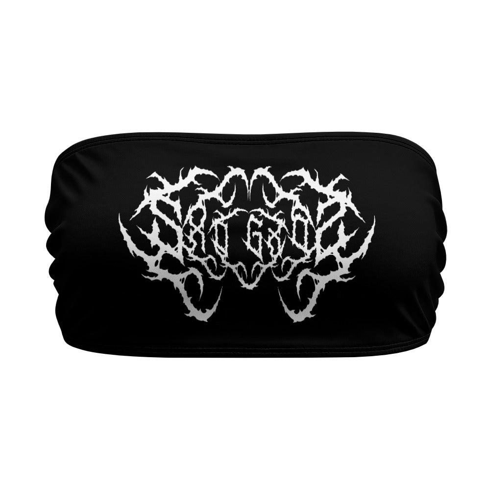 The front size of a women's wrap chest with a metal logo saying "SXDGXDS" in the middle.