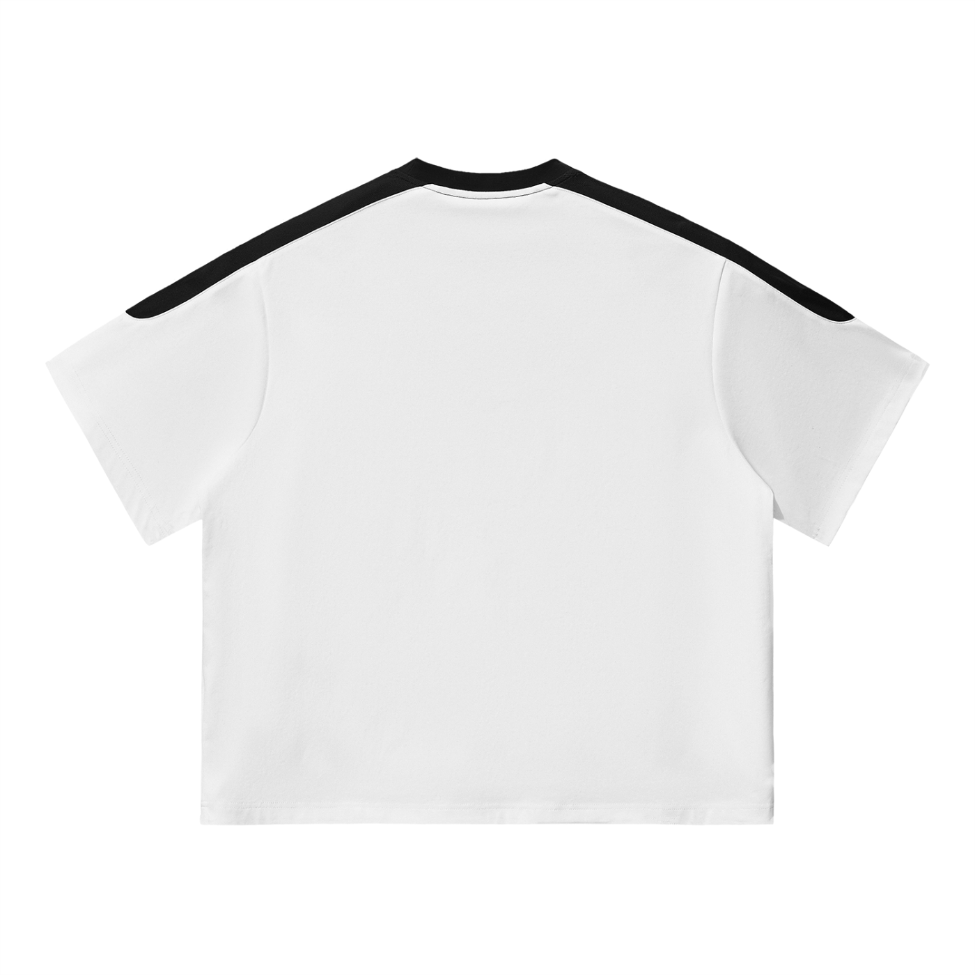 White t-shirt with black trim on a white background