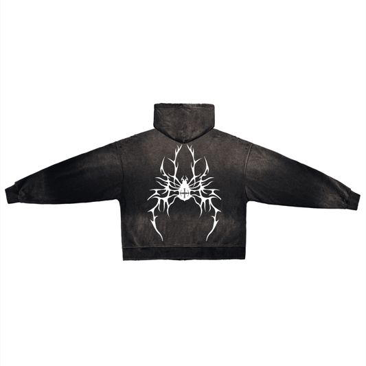 SXDGXDS Widow Zipper Hoodie: A unisex black hoodie with a large, stylized spider design printed on the back and the word "WIDOW" in a gothic font on the front. Features a loose fit, made of 100% cotton with a fabric weight of 12.4 oz/yd² (420 g/m²).