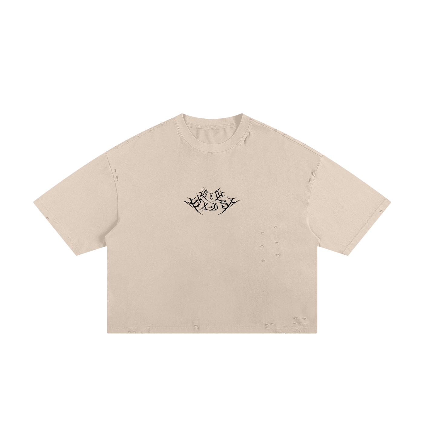 A beige T-Shirt with a black metal logo in the middle spelling "SXDGXDS"