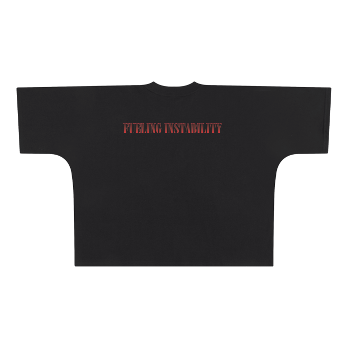 Trendy Black T-Shirt with Red "Fueling Instability" Text, Ideal for Streetwear Fashion by SXDGXDS