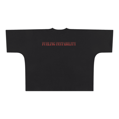 Trendy Black T-Shirt with Red "Fueling Instability" Text, Ideal for Streetwear Fashion by SXDGXDS