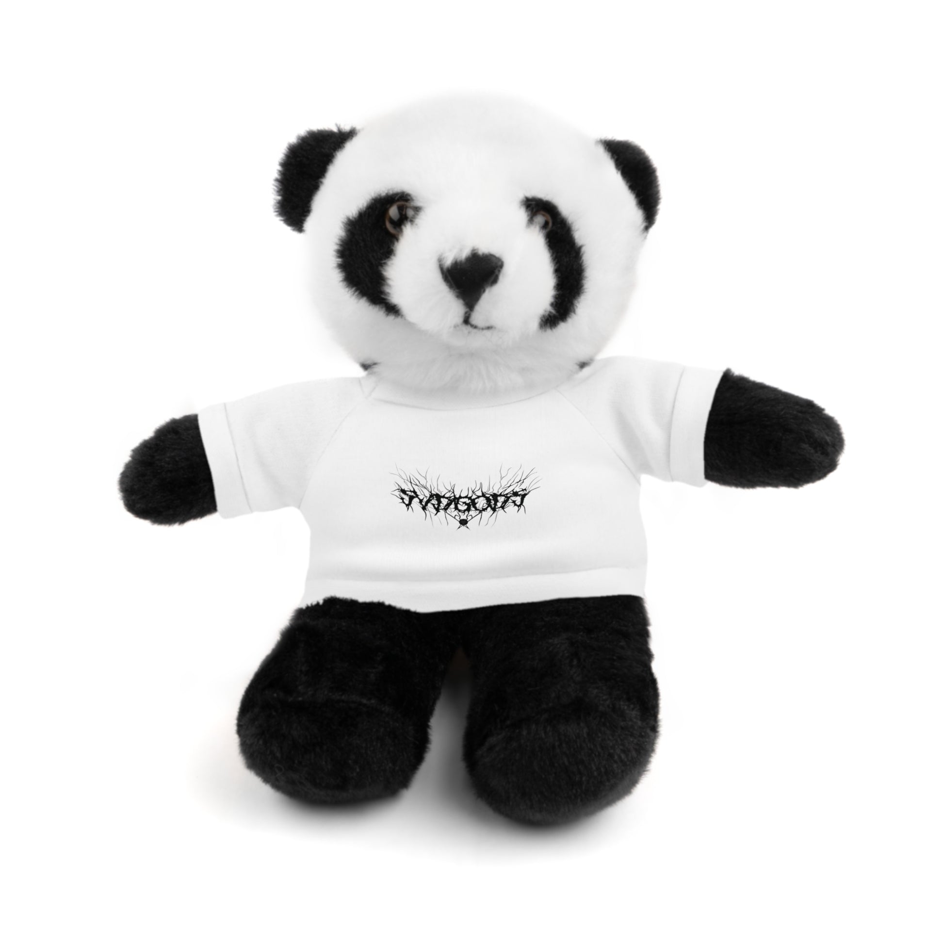 A cute black and white stuffed panda bear sits upright, wearing a small white t-shirt with the black SXDGXDS logo printed on the chest.