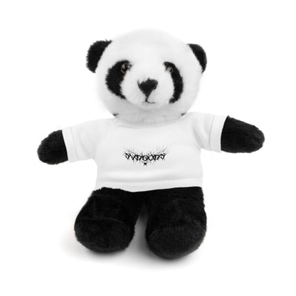 A cute black and white stuffed panda bear sits upright, wearing a small white t-shirt with the black SXDGXDS logo printed on the chest.