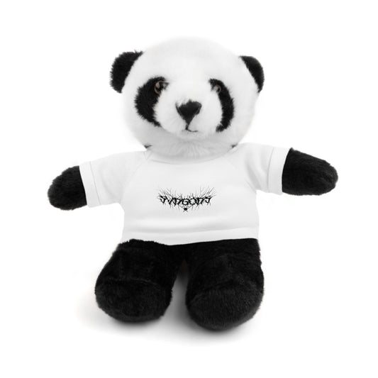 A cute black and white stuffed panda bear sits upright, wearing a small white t-shirt with the black SXDGXDS logo printed on the chest.