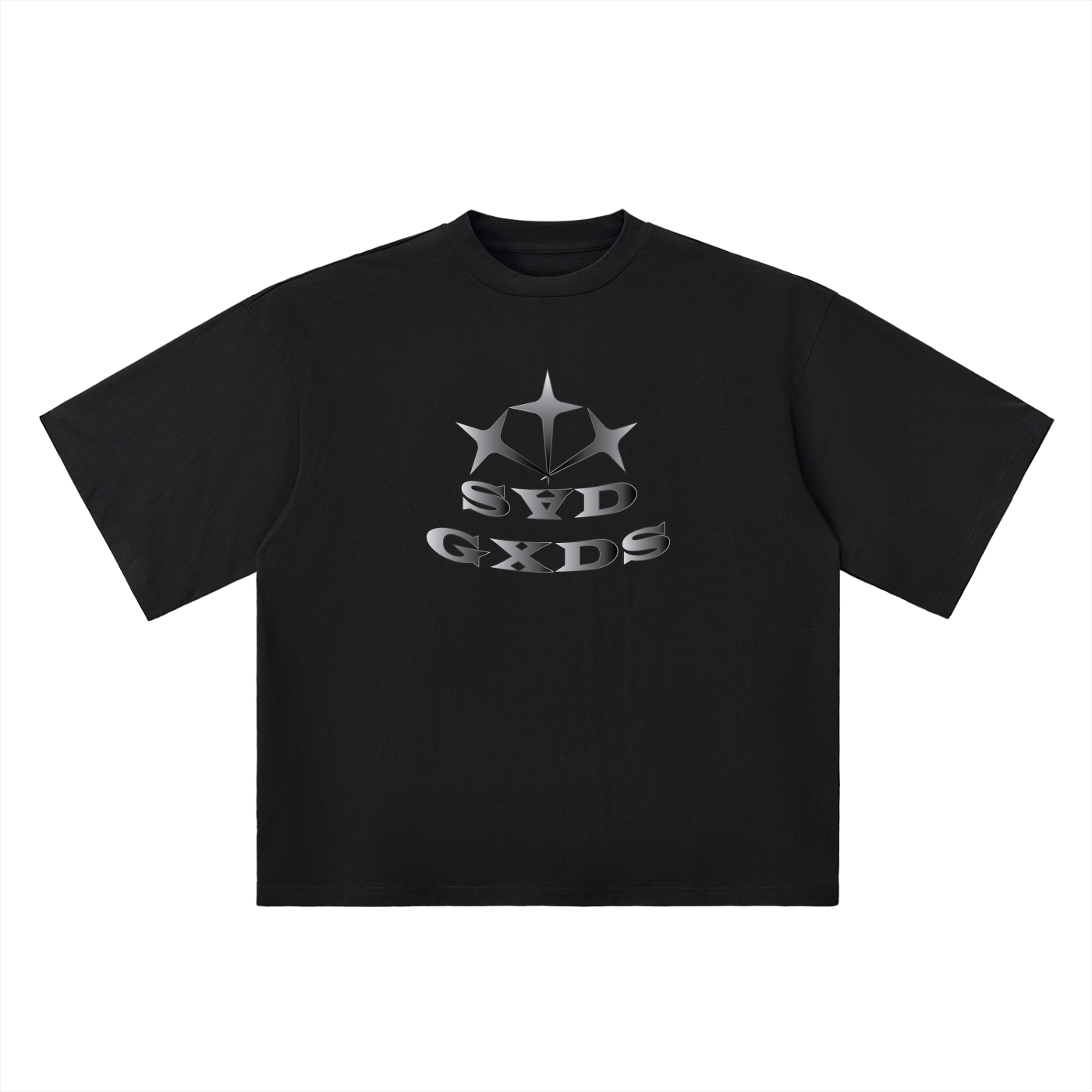 Black t-shirt with a logo and text on a white background