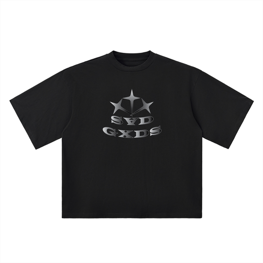 Black t-shirt with a logo and text on a white background