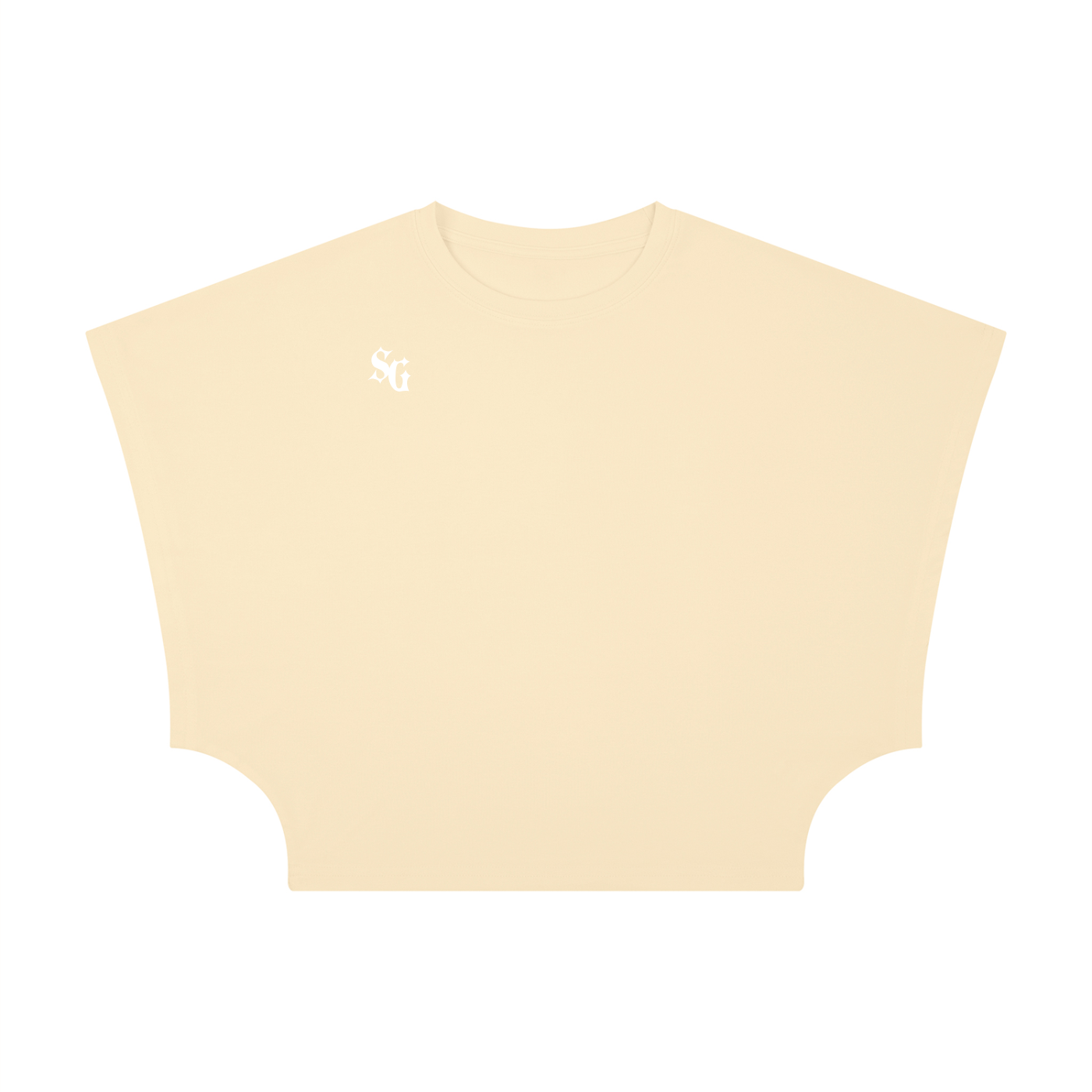 Beige crop top with a small logo on a white background