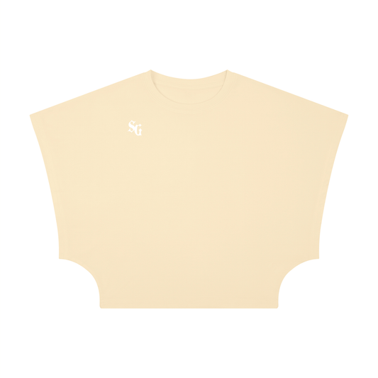 Beige crop top with a small logo on a white background