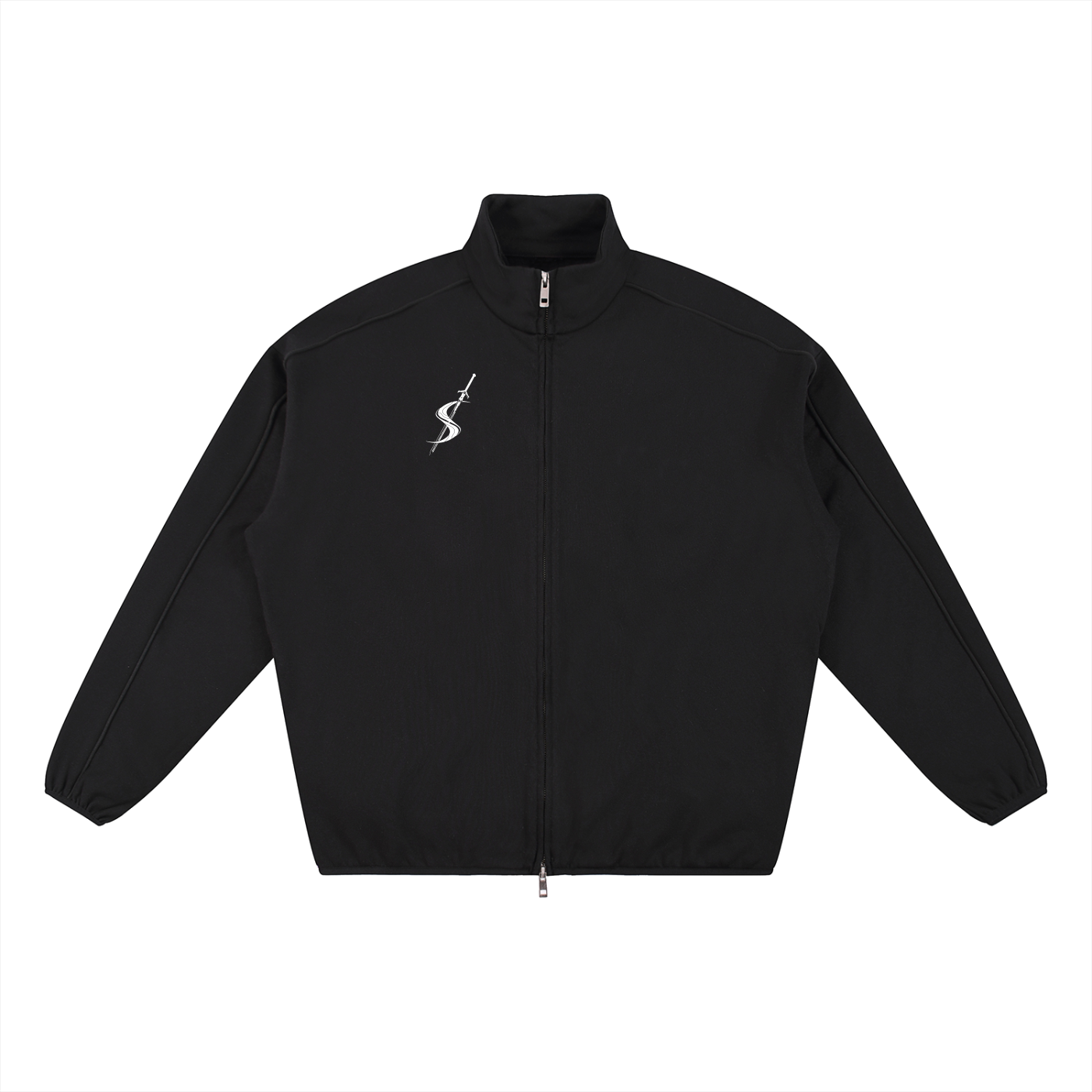 Black jacket with a logo on a white background