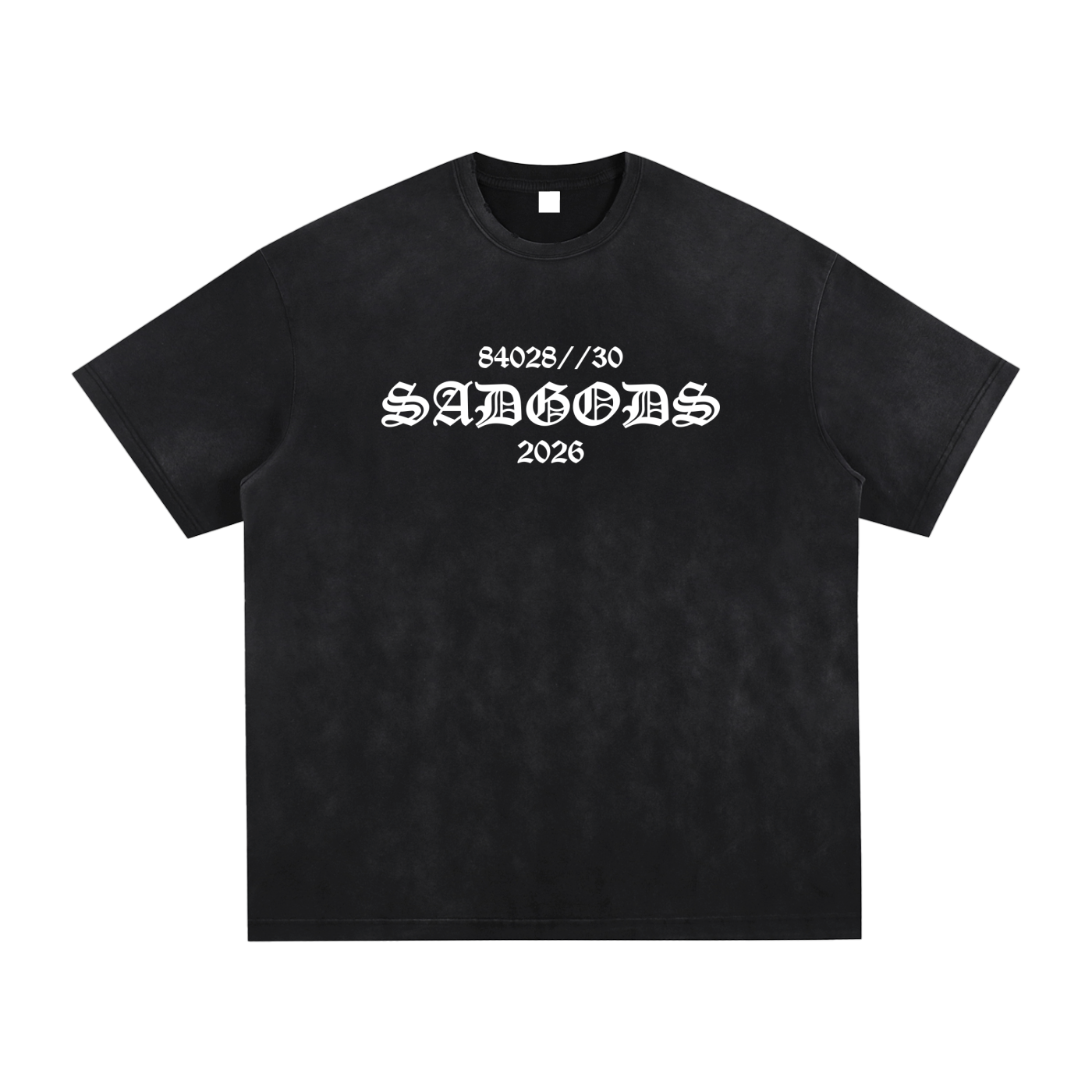 Black t-shirt with white text on a white background
